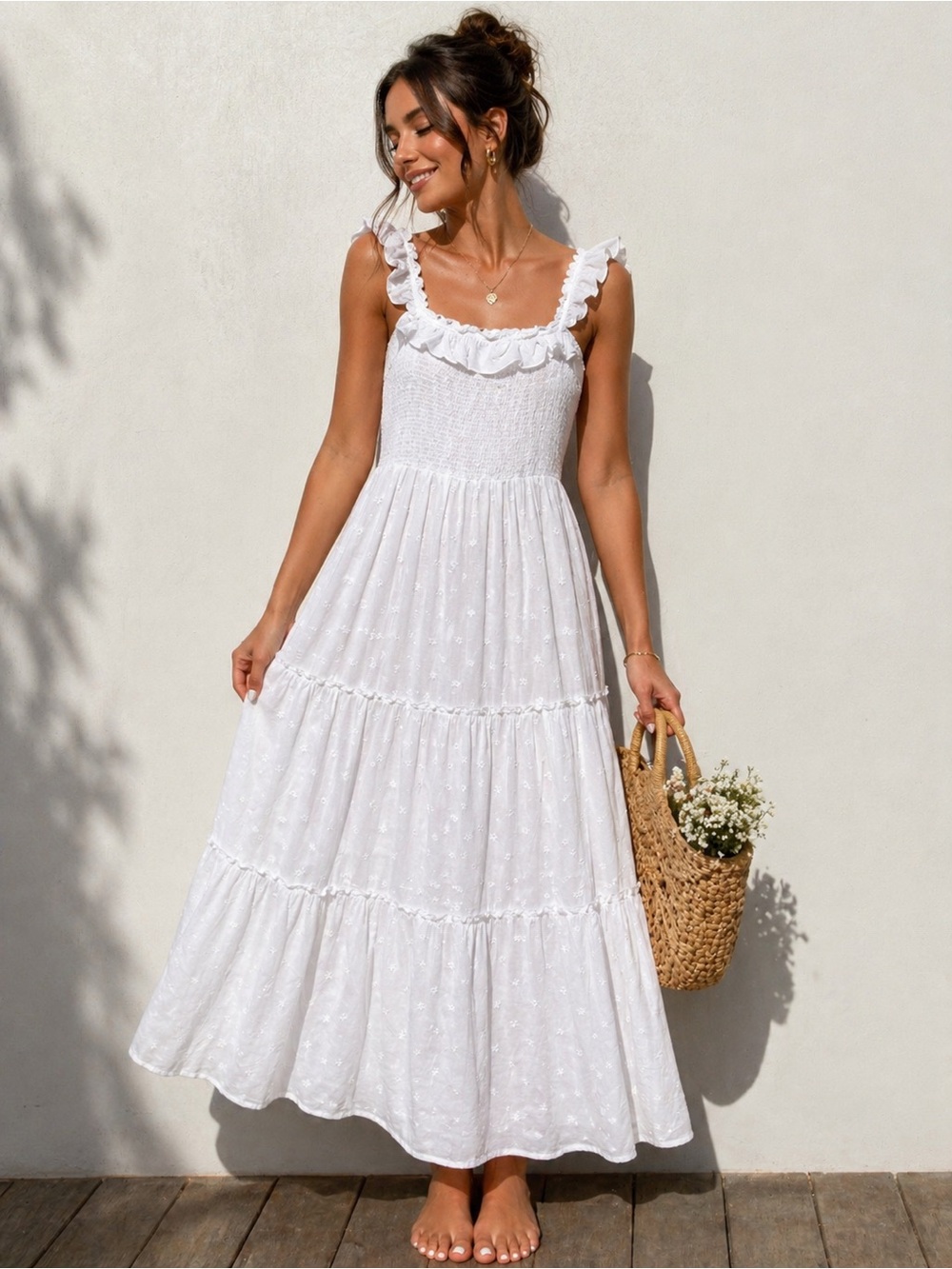 Old Navy White Smocked Ruffle Tiered Maxi Dress NWT Women’s Cottagecore Sundress